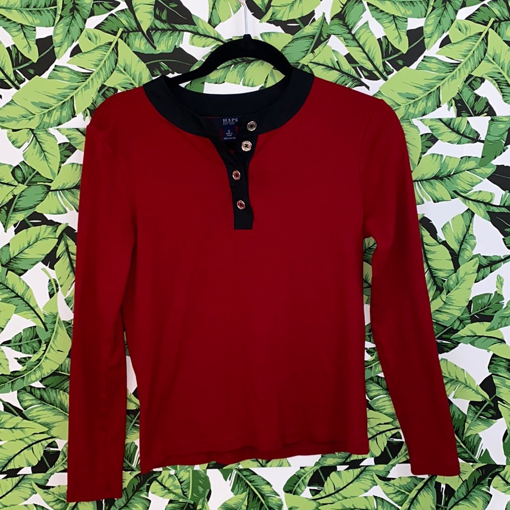 Chaps Crimson & Black Top w/ Silver Buttons Long Sleeve Size Small